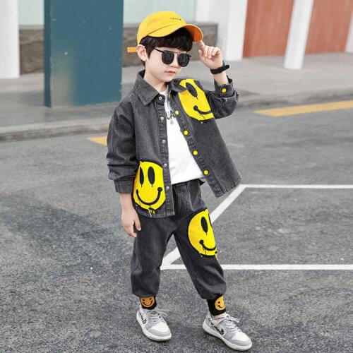 2021 New Cowboy Denim Suit Baby Boys Jacket Smile Face Coats Outfits jeans Sets Trendy 4-12 Years Boys Girls Childrens Clothes