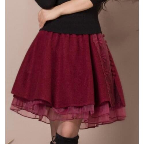 Autumn winter lace patchwork woolen skirt women high waist mini ball gown skirt plus size 3XL