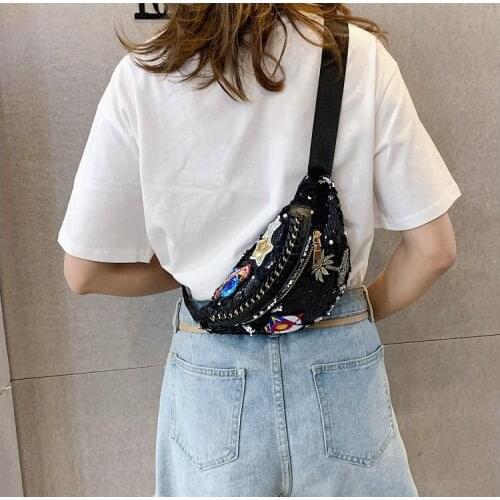 PU New Sequins Women Fanny Pack Girls Shoulder Belt Bags Fashionable Glitter Waist Bag Chest Hip Purse Satchel Gift Pouch Black