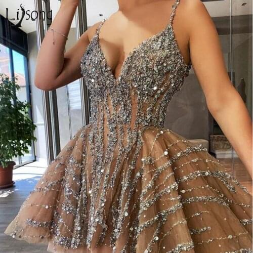 Luxury Beaded Short Champagne Cocktail Dresses Sexy V-neck Mini Graduation Dress Sequined A-line Mini Party Gowns