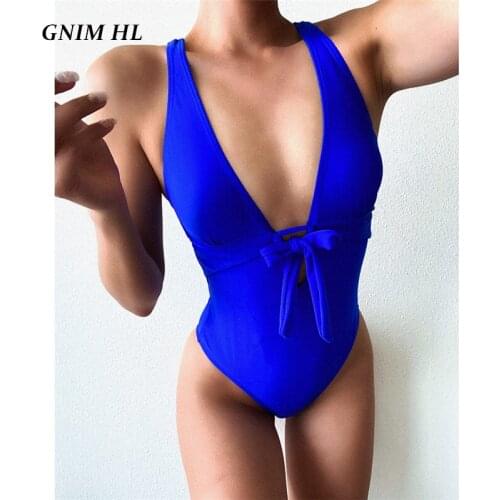 Sexy Deep V Neck Swimwear Women 2020 One Piece High Waist Bandage Swimsuit Women Bikini New Summer Backless Solid Swimming Suit