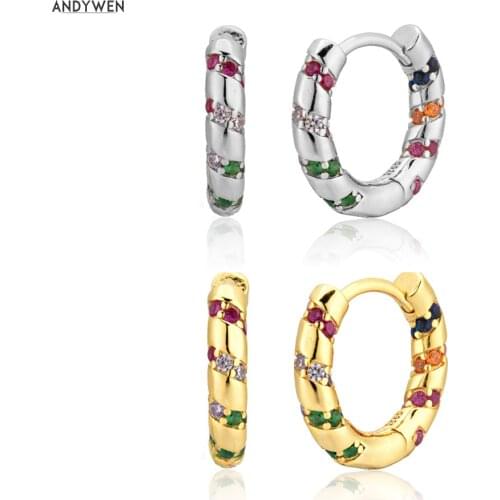 Andywen 100% 925 Sterling Silver Colorful Rainbow Clips Hoops Earring Huggies Middle 8mm Piercing Pendiente Women Circle Jewelry
