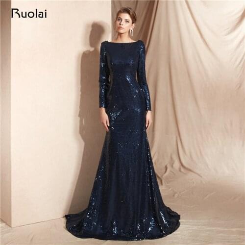 Dark Navy Mermaid Evening Dress Long Sleeves Sequin Evening Gown Open Back Evening Party Dress Robe de Soiree SN18