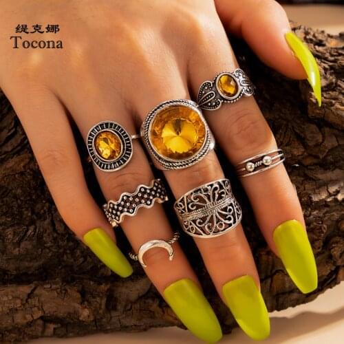 Tocona 7pcs/sets Vintage Silver Color Moon Ring Sets for Women Shiny Crystal Stone Hollow Geometric Jewelry Accessories 16990