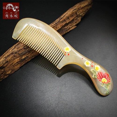 TOP END Authentic Natural sheep horn comb high-quality hand-painted art fine tooth Long handle comb 688