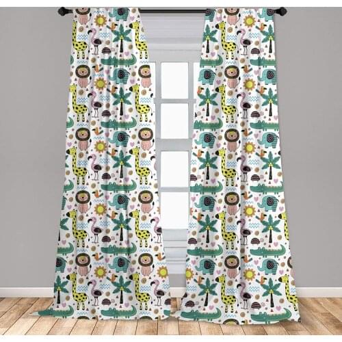 Tropical Window Curtains Jungle Animals with Giraffe Toucan Lion and Elephant in Scandinavian Style Window Drapes
