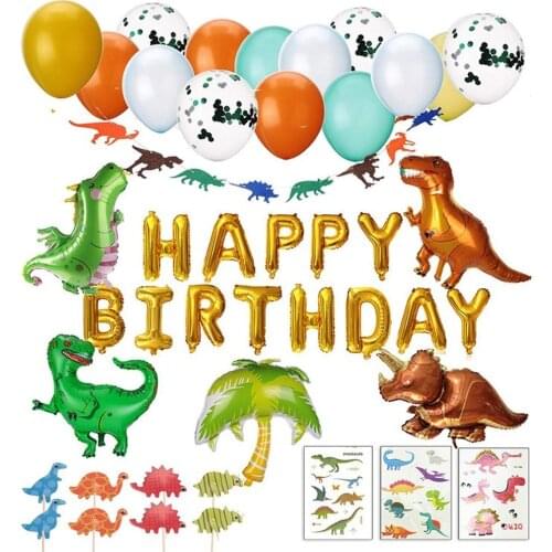 25PCS Dinosaur Birthday Balloon Party Supplies Decoration Aluminum Garland Favors Banner Cake Topper Jungle Tattoo Sticker Mask