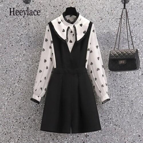 Plus size Women Clothing Autumn love Print Long Sleeve Blouse And Black Vest Dresses Suits 4XL Office Ladies Elegant Outfits