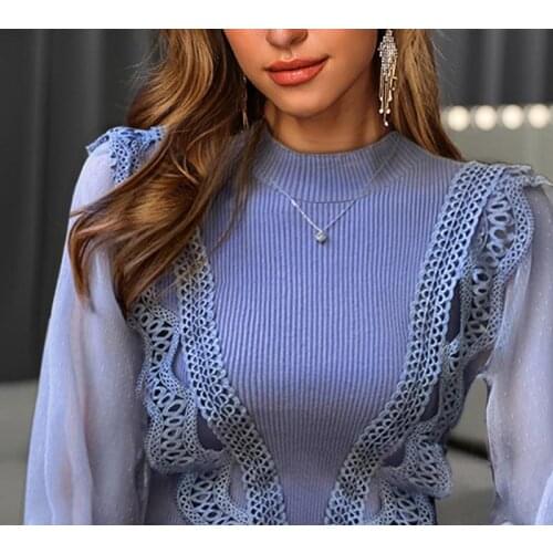 Women Solid Sheer Mesh Plain Hollow Out Lace Blouse Spring Tops Blouses