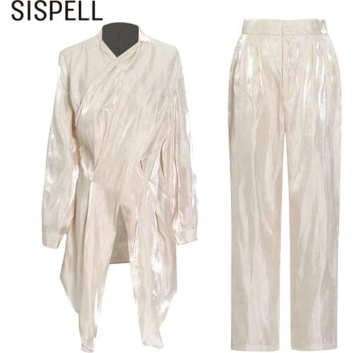 SISPELL Elegant Womens Suits Lapel Collar Long Sleeve Crisscross With High Waist Pant For Female Sets Fashion New 2021