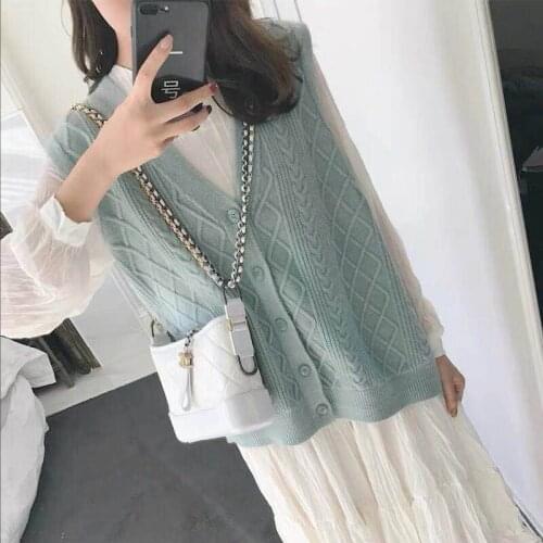 Women Sleeveless Cardigan Spring 2020 Korean Style Single Breasted V Neck Knit Wool Sweater Vest Waistcoat Knitwear Green T400