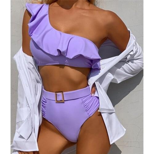 One Shoulder Ruffled Female Swimsuit High Waist Bikini Women Swimwear Two-pieces Bikini set Belt Bather Bathing Suit Swim