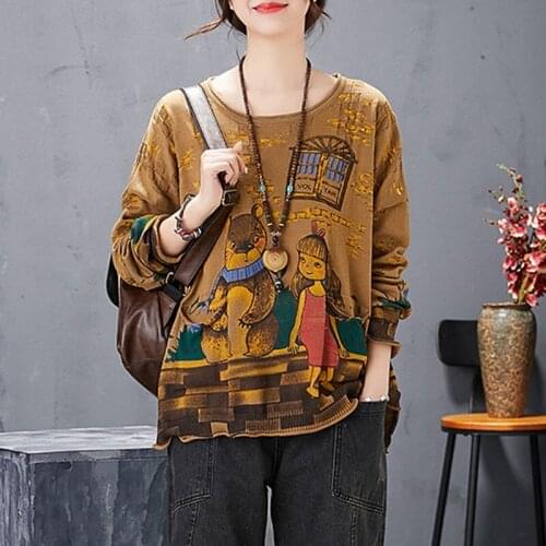 Oversized Women Autumn Casual Sweaters New Arrival 2020 Simple Style Vintage Cartoon Print Loose Ladies Knitted Pullover S1863