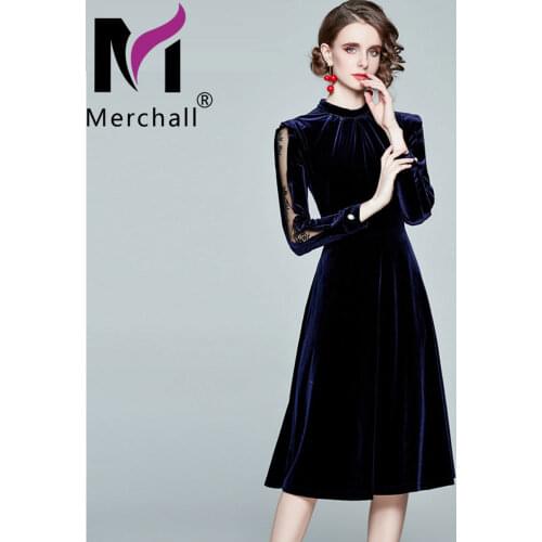 Female Elegant Velvet Party Dress Lace Patchwork O Neck Long Sleeve Midi Dress Vintage 2021 Spring Autumn Woman Clothing S78231