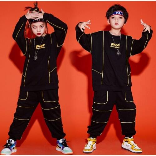 Kids Hip Hop Clothes Girls Black Long Sleeve Tops Casual Pants For Boys Modern Jazz Show Costume Ballroom Dance Wear Rave BL5138