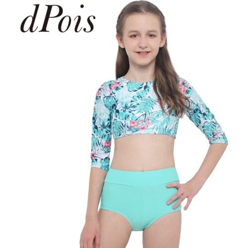 2Pcs Kids Sport Suits Girls Outfits Palm Leaf Floral Print Crop Top + Boyshorts Running Gym Yoga Sportwear 2pcs Childrens Set