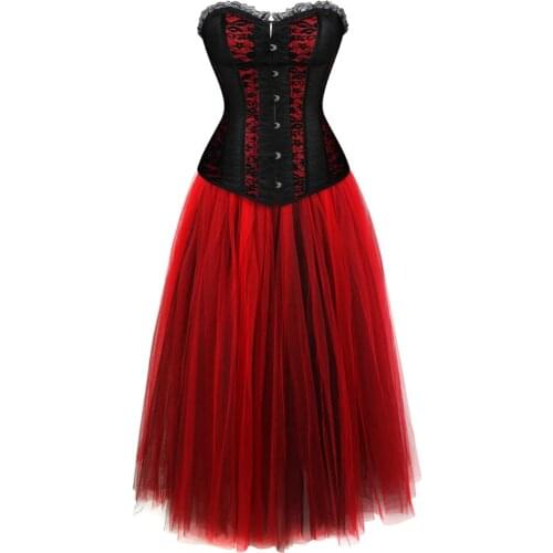 Gothic Corset Skirt Steampunk Floral Overbust Boned Bustiers with Long Princess Mesh Tulle Party Dresses Korsage Evening Gowns