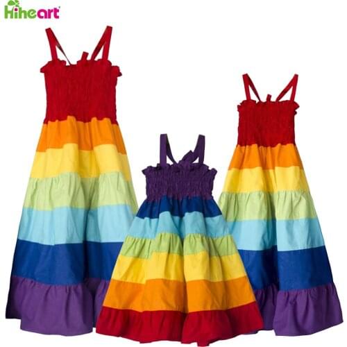 Hiheart Mother Daughter Dresses Rainbow Stripe Parent-Child Suspender Dress Summer Family Matching Clothes Mommy and Me Clothes
