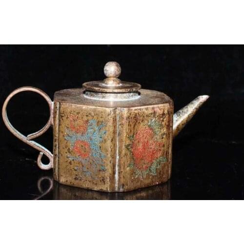 Collection Exquisite ancient Chinese copper hexagonal color painting wine jug