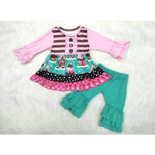 High quality children girls house christmas outfits striped top+solid green pants 2 pcs set kid childrens clothing suit gxj