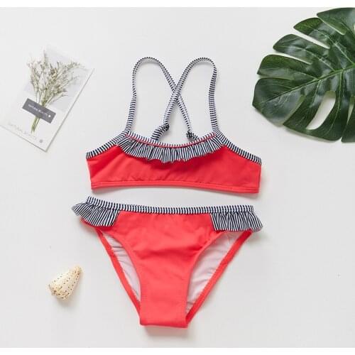 TELOTUNY Swimwear Children Kids Girls Cotton Ruffles Striped Print Bikini Beach Swimsuit+Shorts Swimwear Set Outfit Bathing Suit