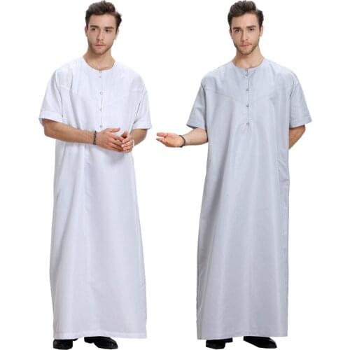 Summer Muslim Moroccan Short Sleeve Islamic Mens Round Collar Solid Color Robe Arabic Kaftan Saudi Dubai Clothing Worship Abaya