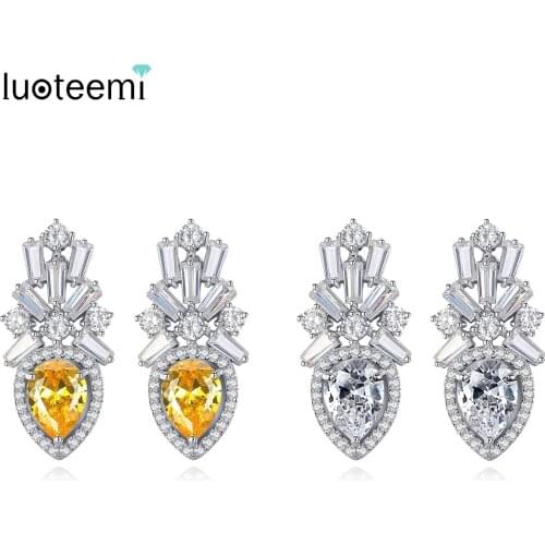 LUOTEEMI Fashion White Gold-Color Square Zircon Vintage Crown With Yellow Waterdrop CZ Stud Earrings For Women Earring Jewelry