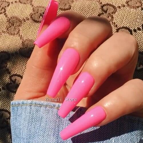 Extra Long Full Cover Coffin Fake Nails Pink Impress Press On False Nails Tips Ballerina Artificial Faux Ongles Manicure