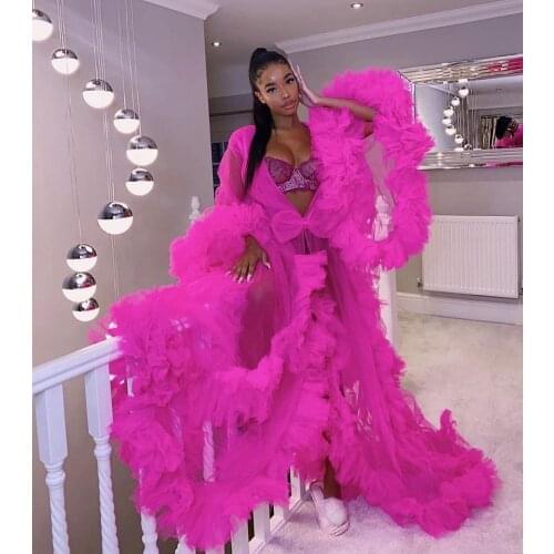 Newest Fuchsia Pink Ruffles Long Pregnant Women Robe See Thru Tulle A-line Puffy Tulle Dress Maternity Photoshoot Vestido