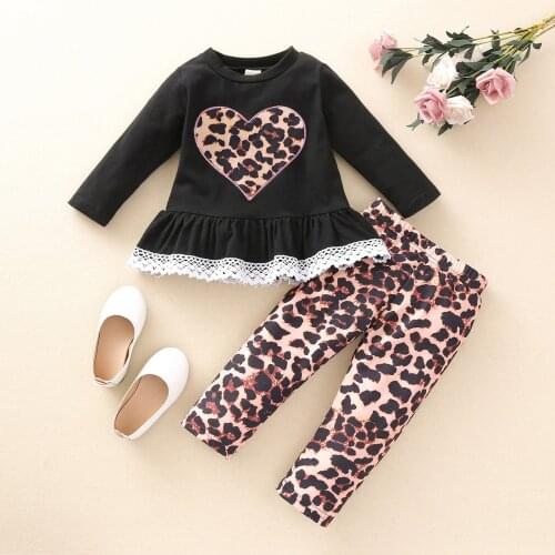 6M-4Y) Childrens suit winter suit fashion new long-sleeved love lace leopard print sweater top + leopard print pants suit 50