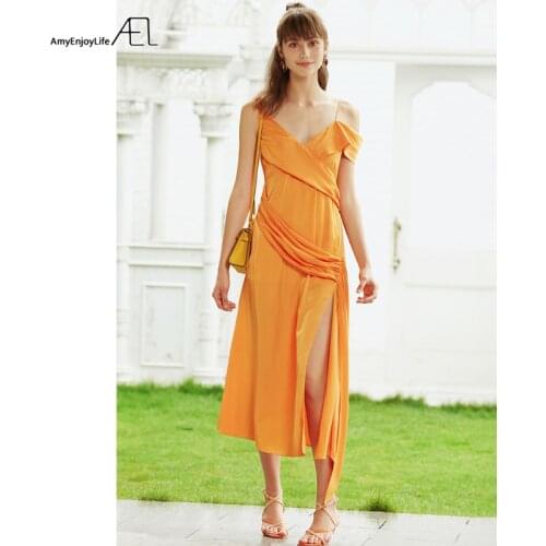 AEL Maxi Dress Irregular with spaghetti strap Women sexy asymmetric column dress V Collar slit Dress Ruffle party dresses