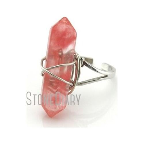 RM13018 10Pcs Watermelon Glass Crystal Ring Wire Wrap Silver Electoplated Faceted Double Terminated Point Ring Sale Adjustable