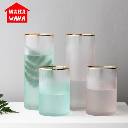 Pink/Grren Nordic Gradual Frosted Glass Transparent Vase Straight Tube Hydroponics Bottle Flower Vase Home/Party/Wedding Decor