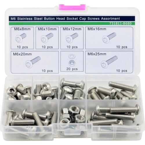 M6 Button Head Socket Cap Screws,Hex Nuts,Flat Washers,Assortment Kit, 80 pcs,Stainless Steel