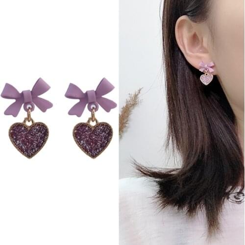 Purple Heart Dangle Earrings Korean Fashion Elegant Trendy Style Bow Knot Heart Earrings For Women Girls Fashion Jewelry