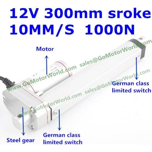 Waterproof 12V 300mm stroke 1000N 100KG 220LBS load 10mm/s speed electric linear actuator LA10DB free shipping