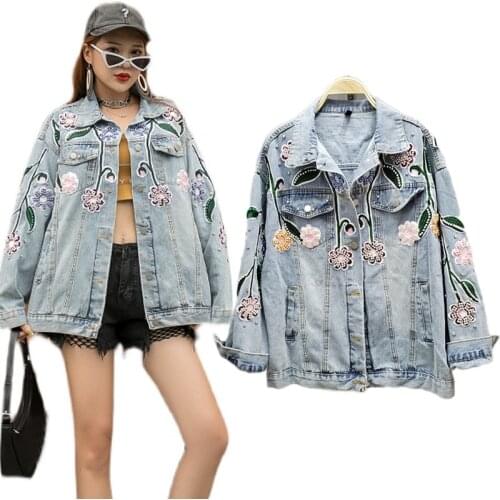 Womens Fashion Streetwear Basic Coat Luxury Diamond Pearls Beads Denim Outerwear Female Tops Ladies Jean Jacket Flower Clothing
