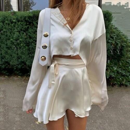 Autumn Women 2 Two Piece Set White Elegant Satin Ladies Lantern Long Sleeves Crop Tops Sexy High Waist Mini Sports Skirts 2021