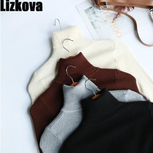 Lizkova Black Rib Knit Top Women Long Sleeve Turtleneck Sweater Winter 2020 Casual Ladies Pullover Tops
