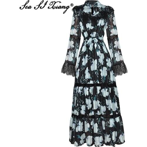 Seasixiang Fashion Designer Autumn Chiffon Long Dress Women Stand Collar Flower Print Lace Patchwork Lace Up Maxi Dresses