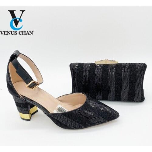 Mature Style black Color High Quality African Women Shoes and Bag to Match Pointed Toe Sandals for Garden Party