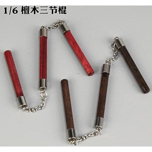 12-inch Movable Doll Scene Accessories 1/6 Kung Fu King Bruce Lee Nunchaku Metal Solid Wood Sandalwood Three-section Stick Toy