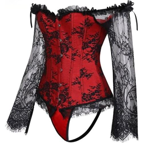 2021 New Fashion Lace Womens Gothic Shoulder Straps Tank Top Black Red Overbust Corsets Bustiers Plus Size Lingerie