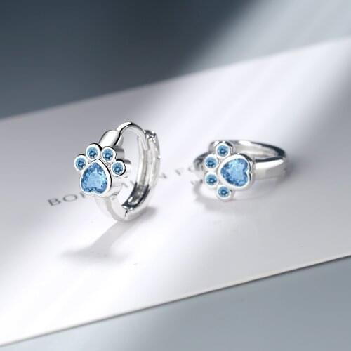 925 Sterling Silver Cute Cat Paw Hoop Earrings Blue Cubic Zircon Earrings For Girls Minimalist Gift S-E1078
