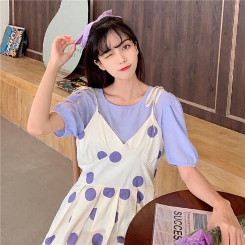 Bella new Women Summer Casual Sets Vintage Short Sleeve T-Shirts+Spaghetti Strap Dot Print Midi Dress 2 Pieces Suits Puprle Suit