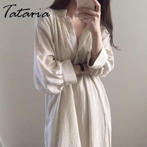 White Women Shirt Dress Cotton Linen Robe Vintage Loose Thin Soft Girl Dresses 2021summer French Folds Harem Sleeve Feamle Dress