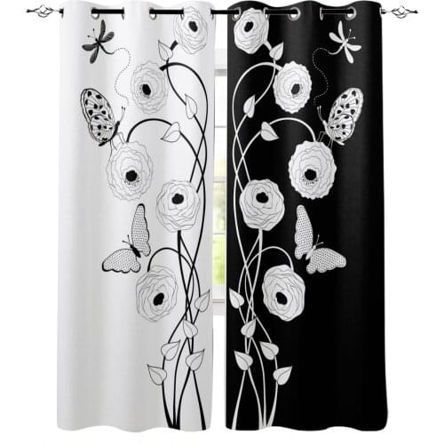 Black And White Flower Dragonfly Butterfly Curtains For Living Room Modern Window Curtains For Bedroom Curtains Drapes Blinds