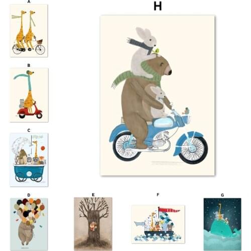 Canvas Painting Cute Bear Giraffe Raccoon Tree Sea Animals Wall Art Nordic Posters and Prints Wall Pictures Kids Room Decoration