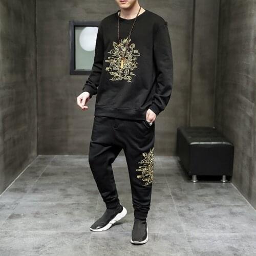 MrGB Dragon Embroidery Loose Mens Set Vintage Chinese Style Sweatshirt Autumn Winter Elastic Waist Sweatpants Mens Clothing