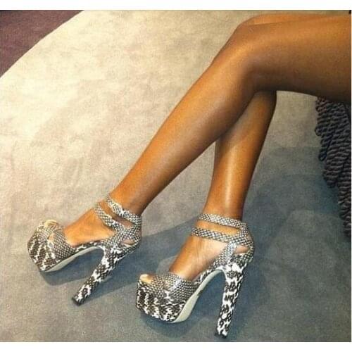 Double Ankle Strap Buckle Ladies Sandals Delicate Grey Snake Skin Print Leather High Heel Sandal Tick Heel Platform Dress Shoes